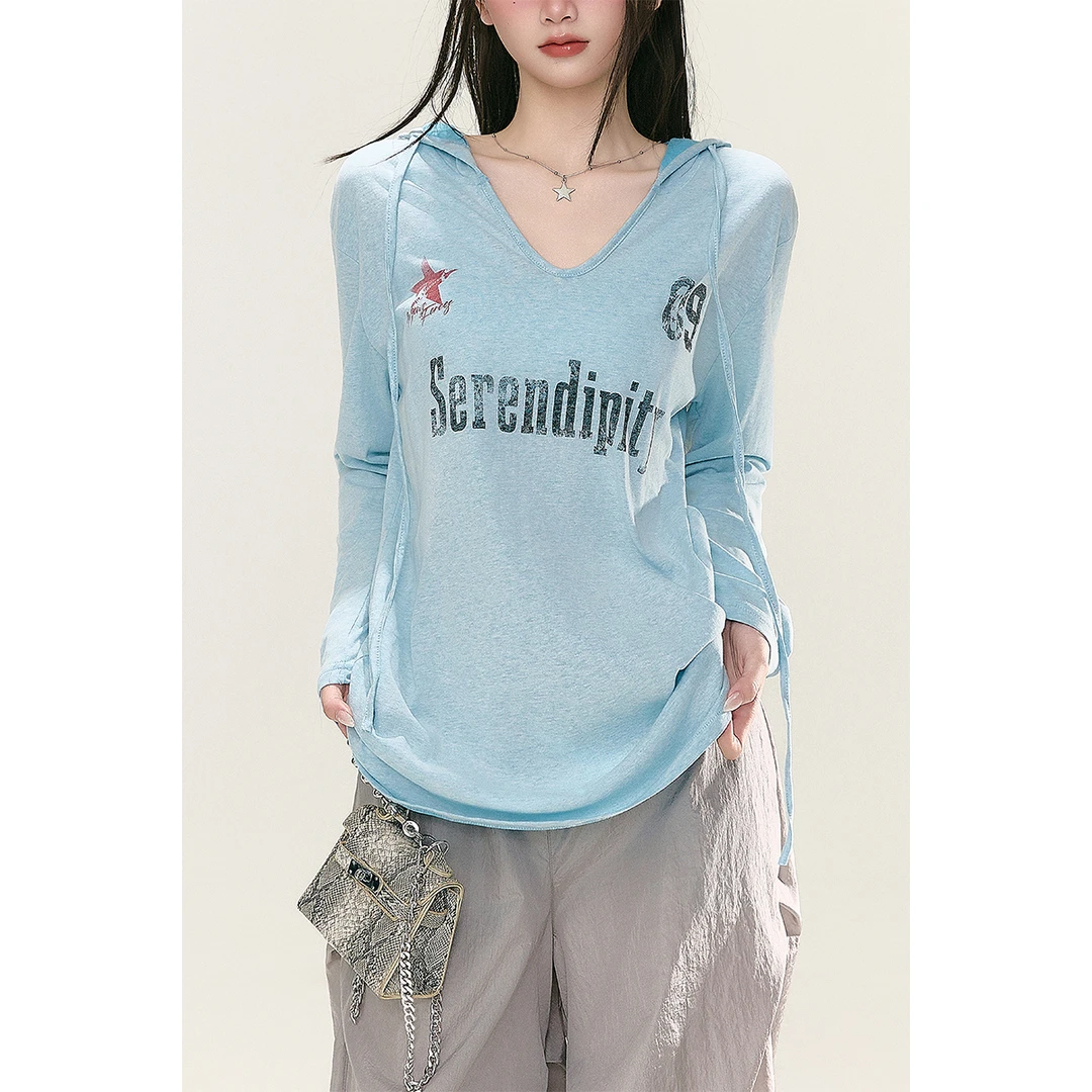 复古春季拼接提花牛仔短款夏季套头长袖针织小众宽松印花秋季内搭