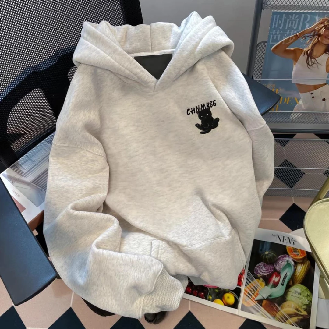 美式潮牌喵星人印花连帽卫衣男女秋冬季新款加绒加厚宽松休闲长袖