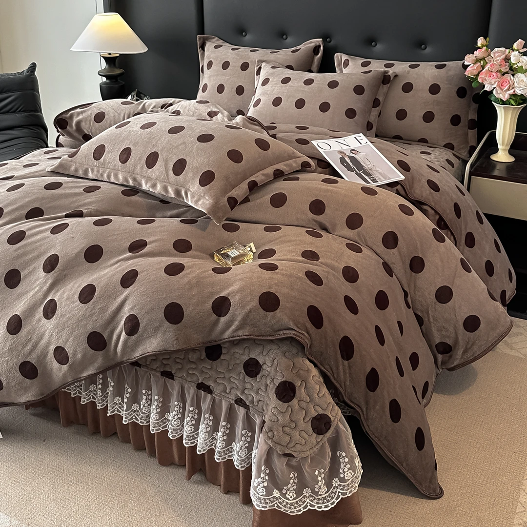 西柚子 波点咖  A类牛奶绒夹棉床盖款四件套加厚冬季牛奶绒四件套