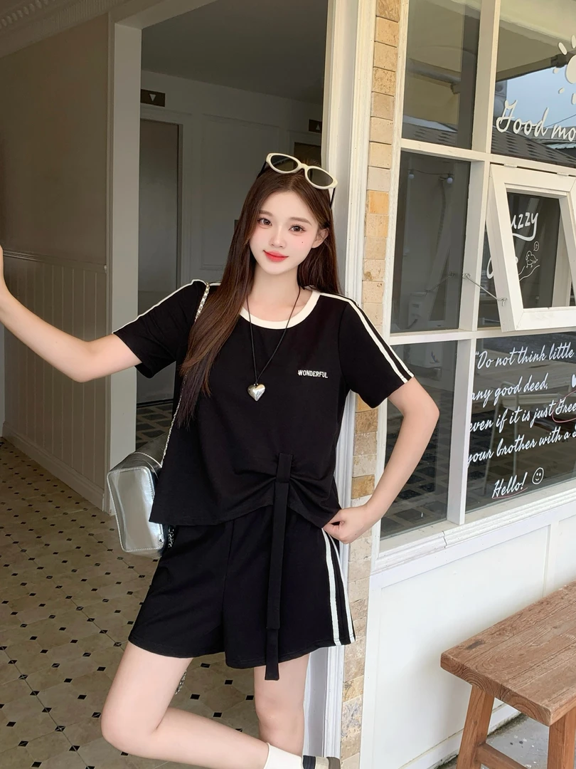 2025夏季胖mm大码休闲运动套装撞色双杆短袖短裤两件套装64865