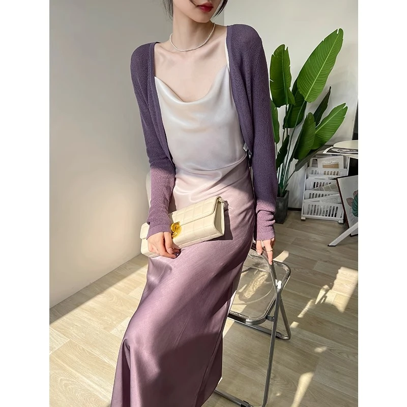 紫色套装女2025新款夏针织开衫防晒上衣缎面洋气吊带连衣裙两件套