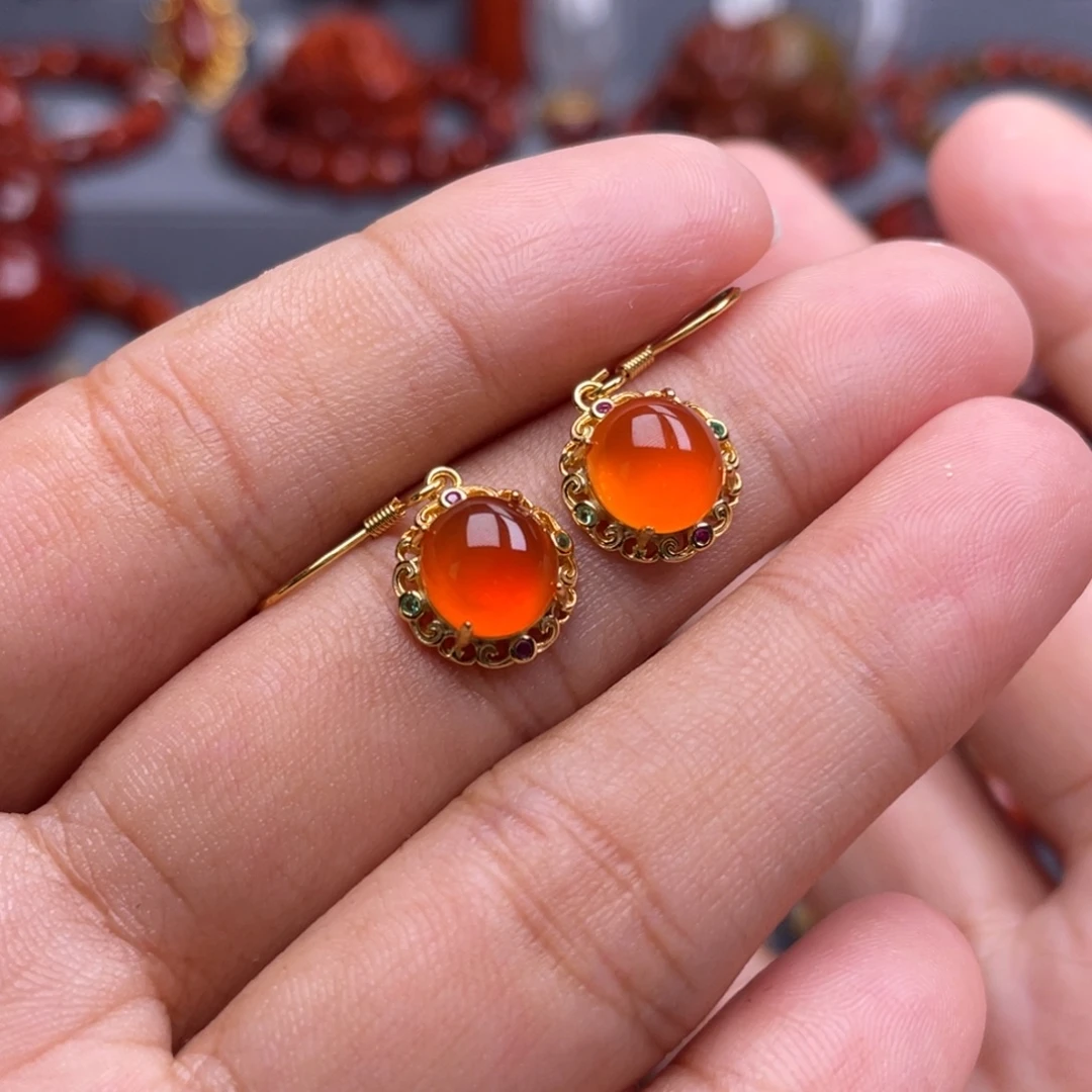 南红玛瑙银S925镶嵌珠宝奇石耳环