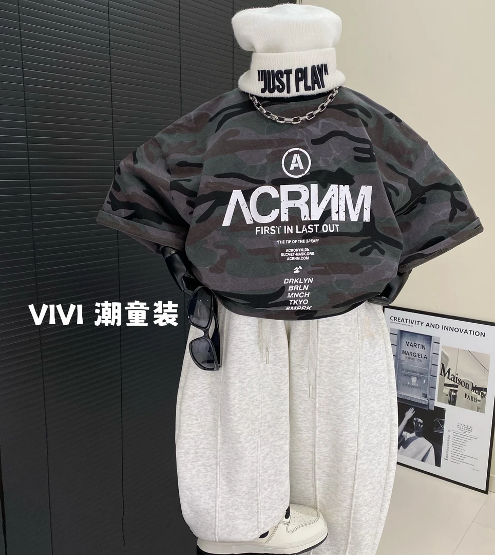 VIVI童装 2025春款潮流中大童嘻哈迷彩风洋气印花短袖T恤