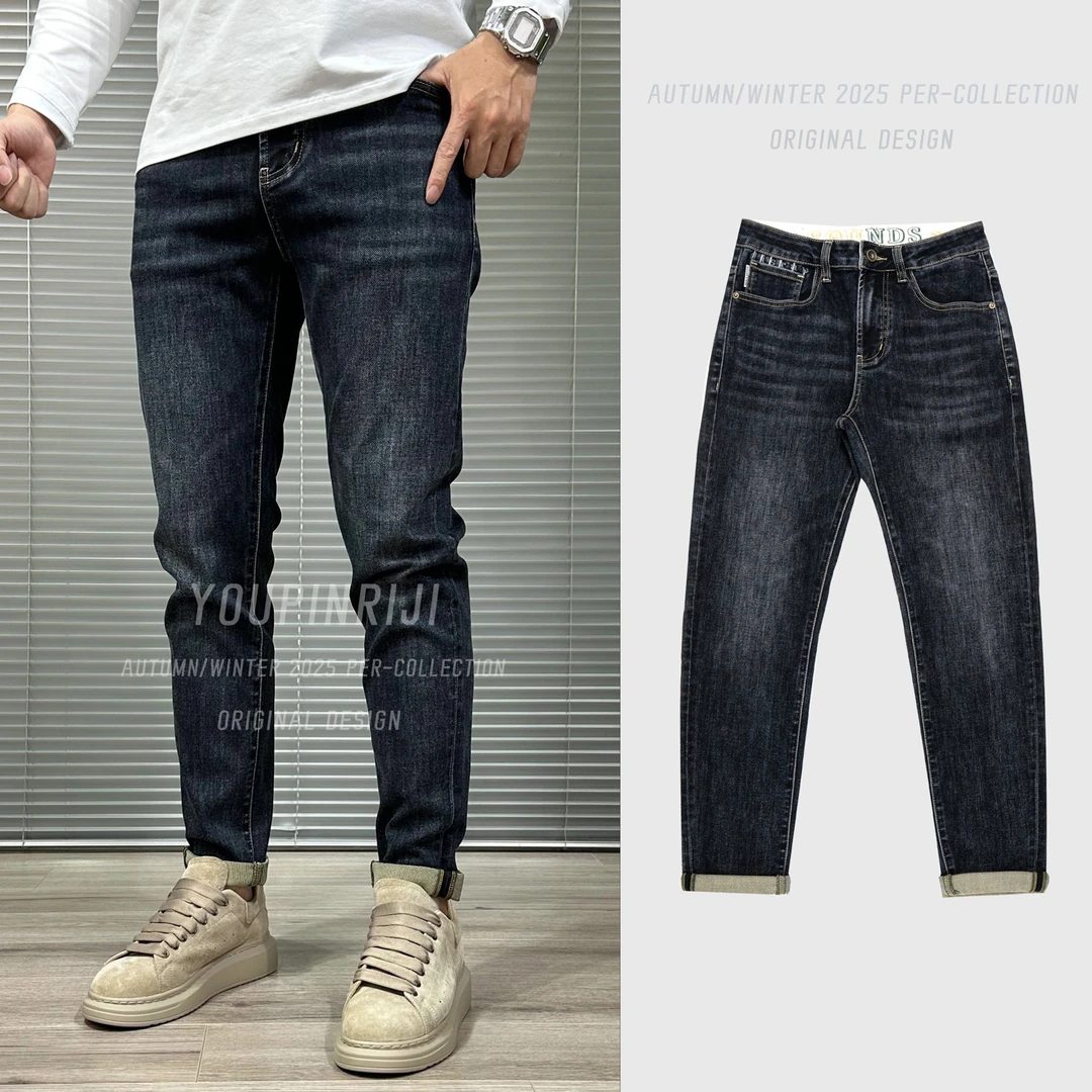 新款美式小直筒弹力牛仔裤复古蓝怀旧休闲男紧修身型窄脚爆C01