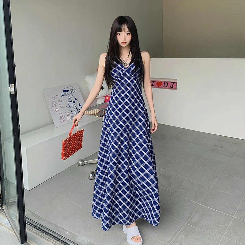 Busrr韩系蓝色格纹设计感连衣裙春夏新款慵懒松弛感百搭显瘦A字裙