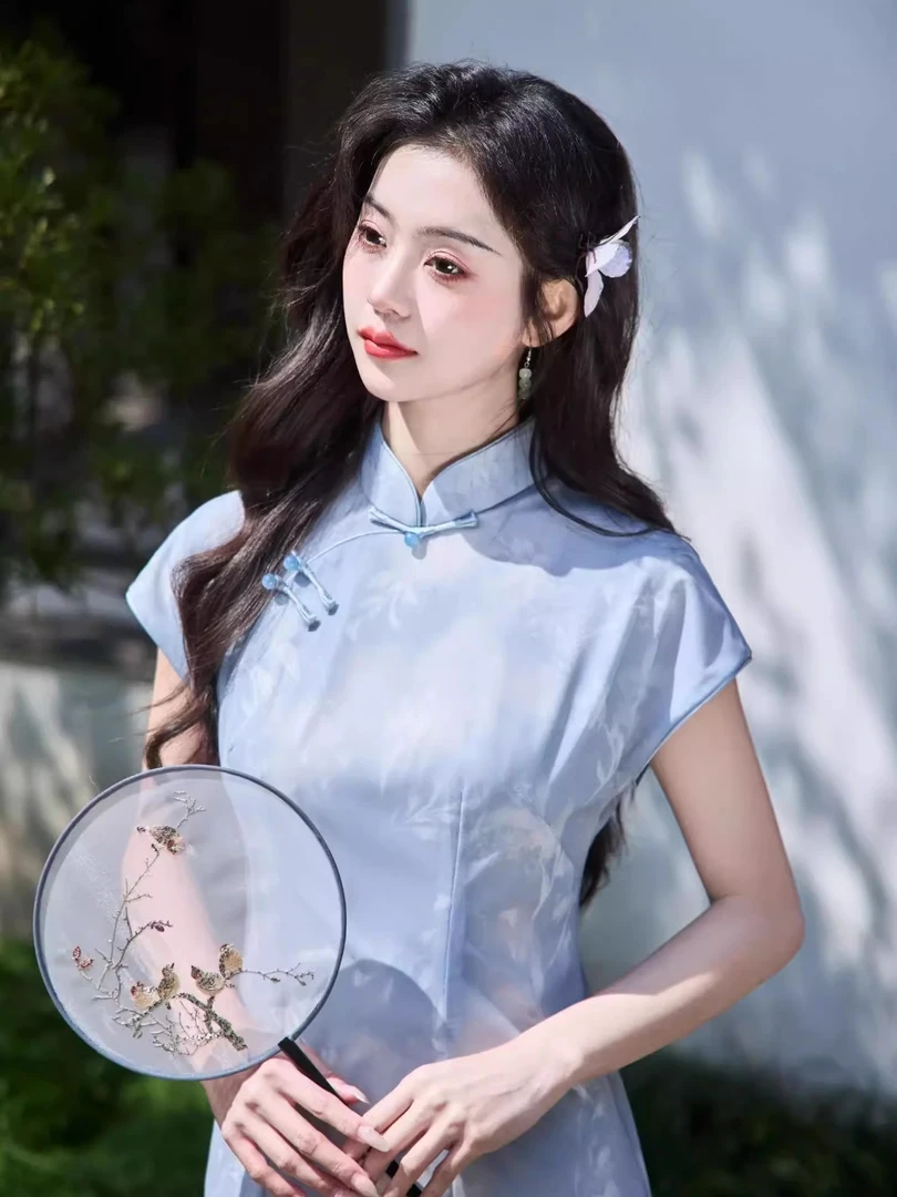 春【水天一色】25年新款时尚气质素雅端庄连肩袖长款显瘦中国风旗袍