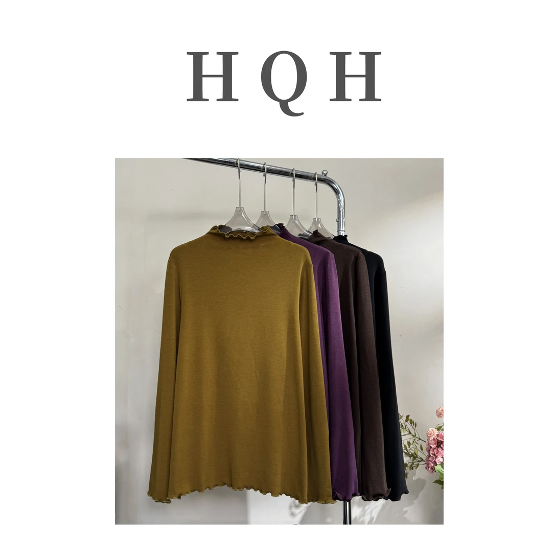 『1453#』韩系木耳边堆堆领宽松显瘦打底纯色休闲通勤长袖T恤