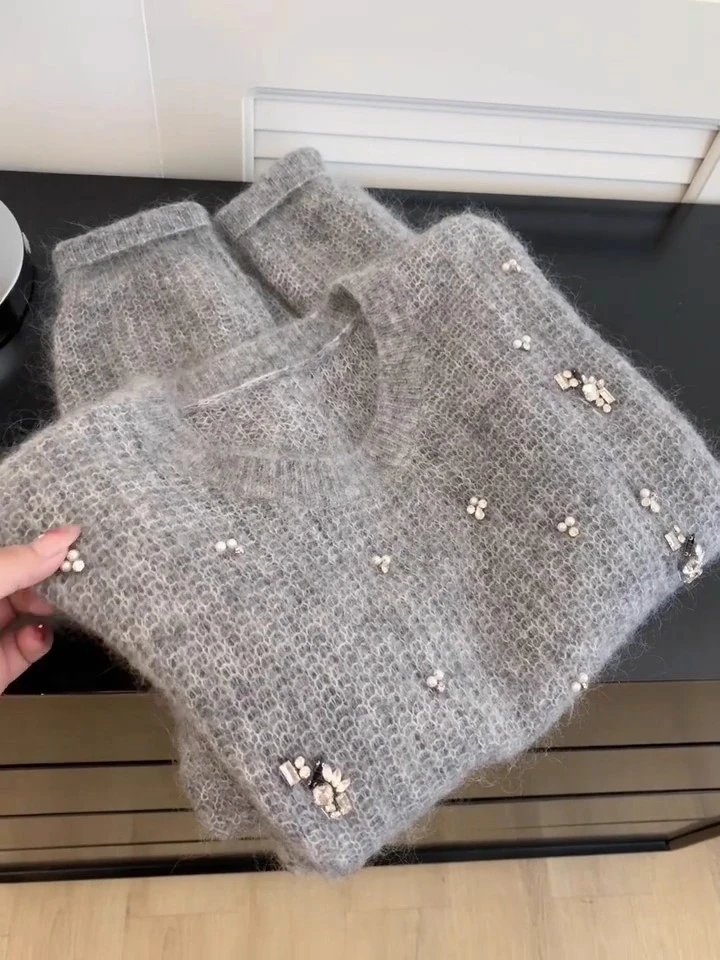 套头外穿设计感镶钻上衣减龄长袖毛衣舒适针织衫慵懒风宽松休闲女