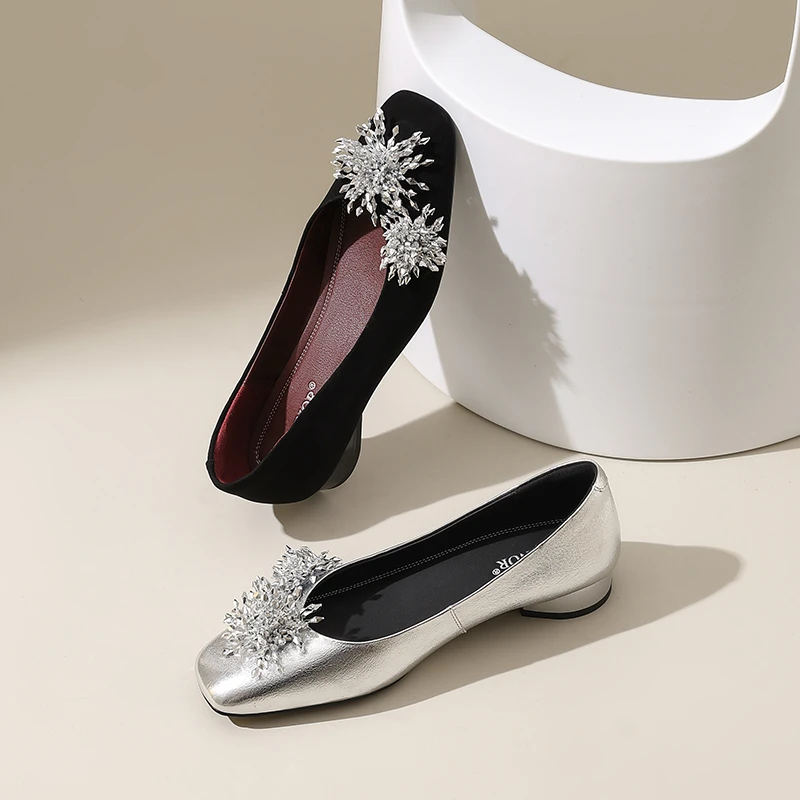 AMEINOR2025春季新款小方圆头水晶花时尚舒适浅口真皮女士单鞋