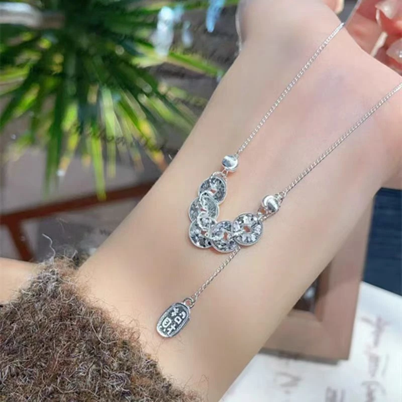 坠链均足银 足银999.9碎冰冰五帝钱币项链轻奢气质精美时尚坠链