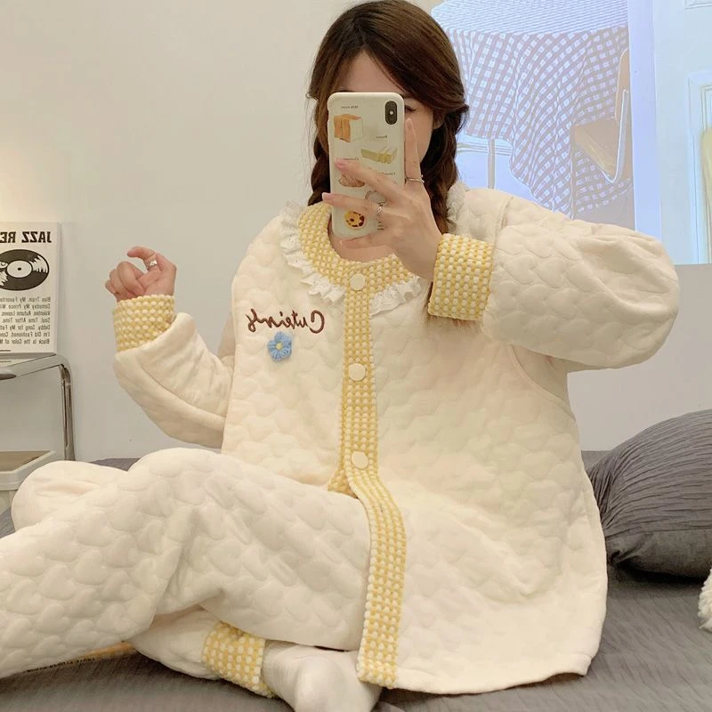 空气棉月子服女秋冬季产后加厚夹层纯棉哺乳睡衣孕妇家居服春秋款