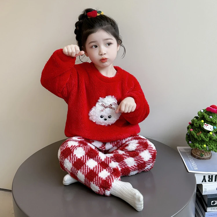 红色洋气婴儿童睡衣秋冬珊瑚绒宝宝女孩加厚女童法兰绒家居服分体