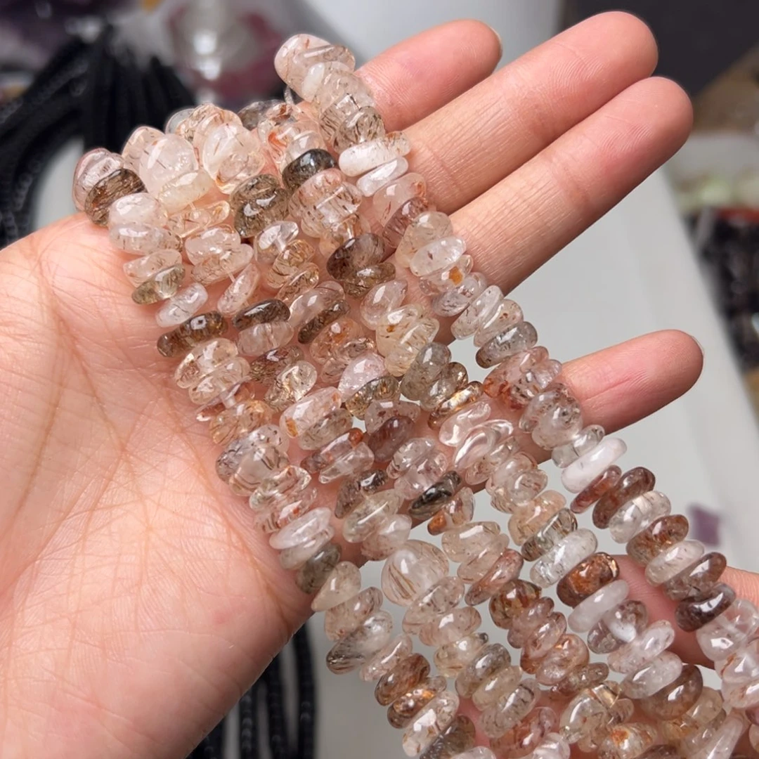 玛瑙/玉髓合金珠宝半成品N594 8-10mm天然黑金超七叠片一条