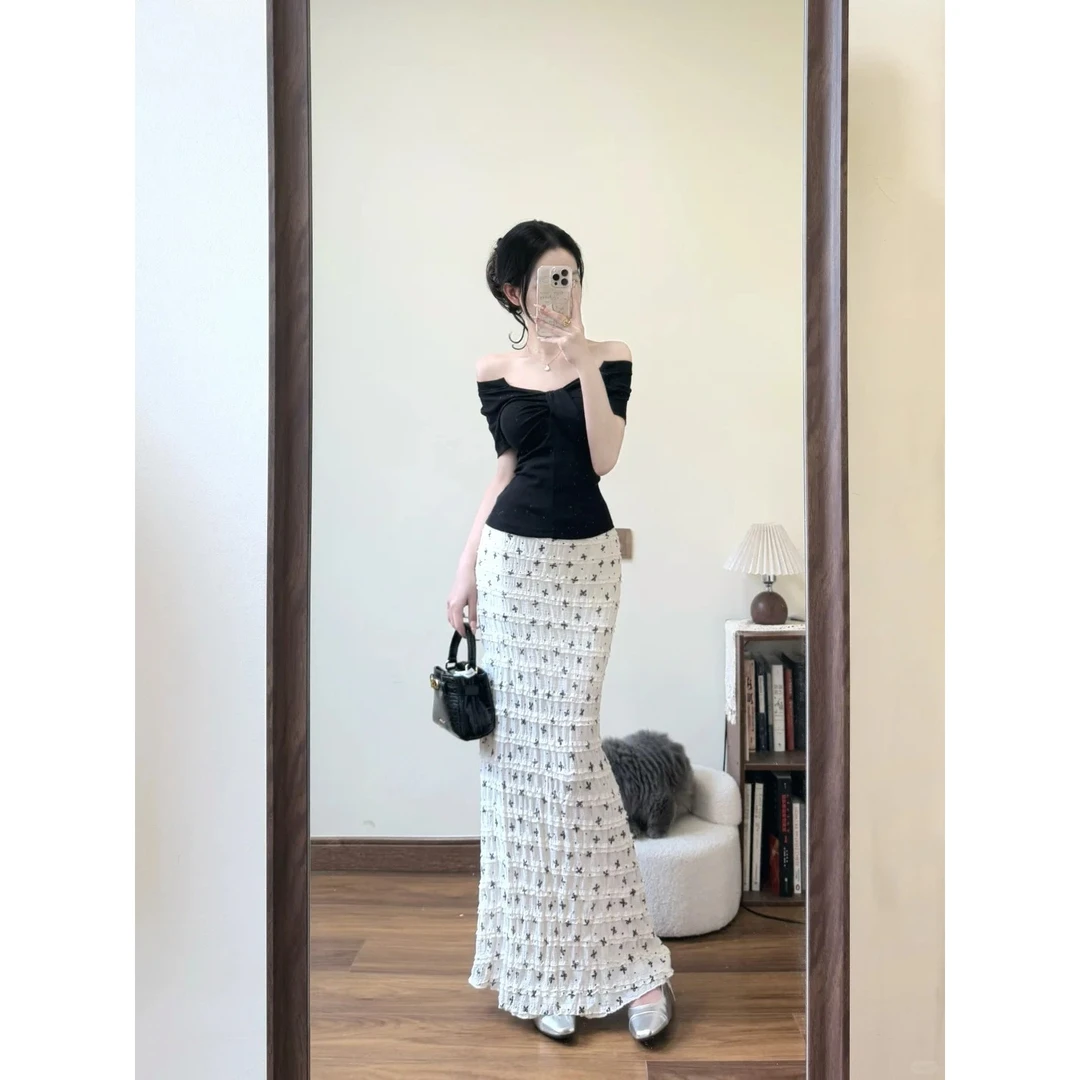 韩系印花蕾丝碎花包臀长裙白色蝴蝶结半身裙女夏季2025新款鱼尾裙