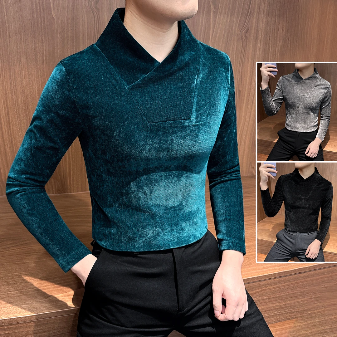 雪尼尔V领男士打底衫爆款2025新款成熟痞帅秋冬男装内搭长袖t恤男