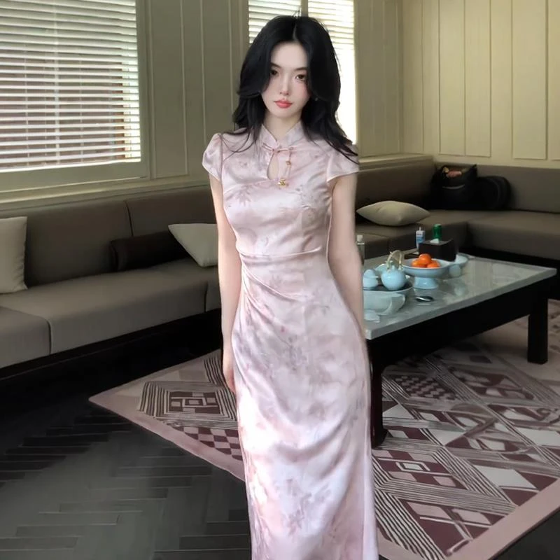 她他百伦新中式国风粉色旗袍连衣裙女夏季2025新款气质收腰显瘦绝