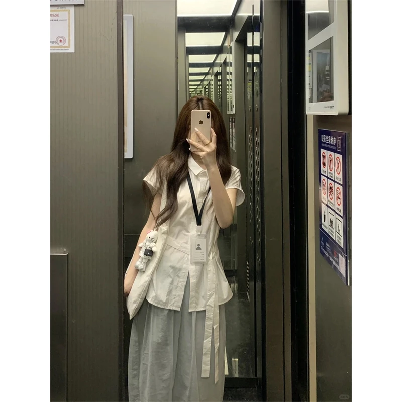 2025夏季时尚套装女韩版小众收腰显瘦短袖衬衫复古裙子减龄两件套