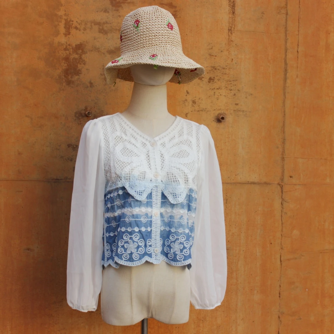 大理长袖短上衣扎染时尚拼接单排扣薄款蕾丝短款妈妈外套夏季女装