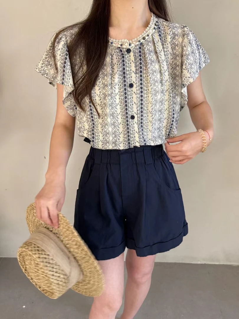 5536 丽丽--法式夏装减龄显瘦设计感亚麻碎花衬衫女