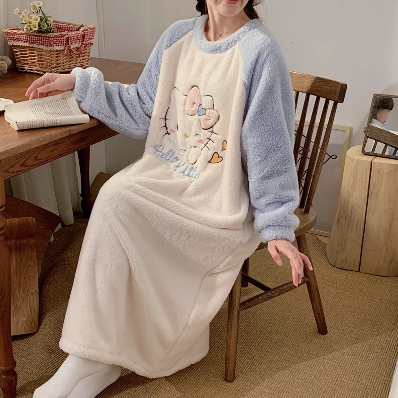 冬季大码厚款女睡裙长袖保暖卡通动漫孕妇胖MM中长裙200斤连衣裙