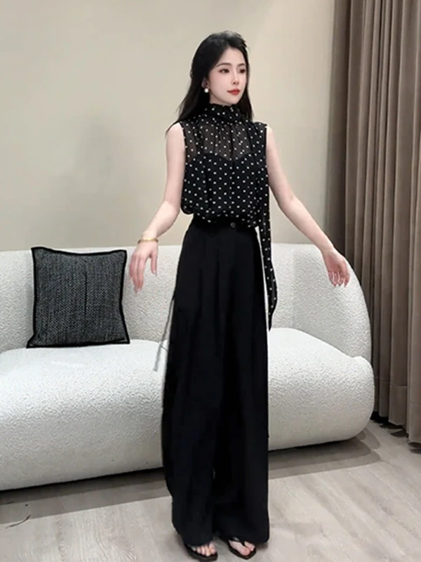 小众设计感气质波点飘带无袖短上衣女装2025夏季新款百搭显瘦小衫