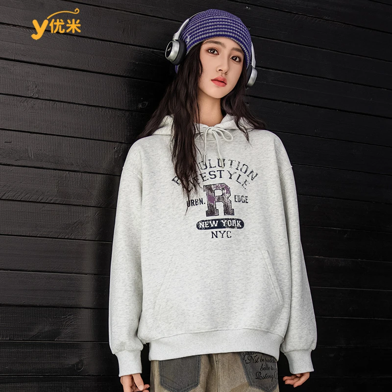 【青少年款】连帽印花加绒大童宽松卫衣加绒套头连帽上衣卫衣2616