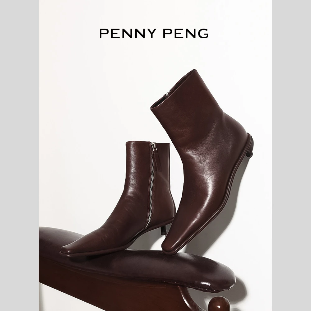 PENNYPENG 切尔西短靴 英伦风方头羊皮短靴时尚潮流炸街女士皮鞋