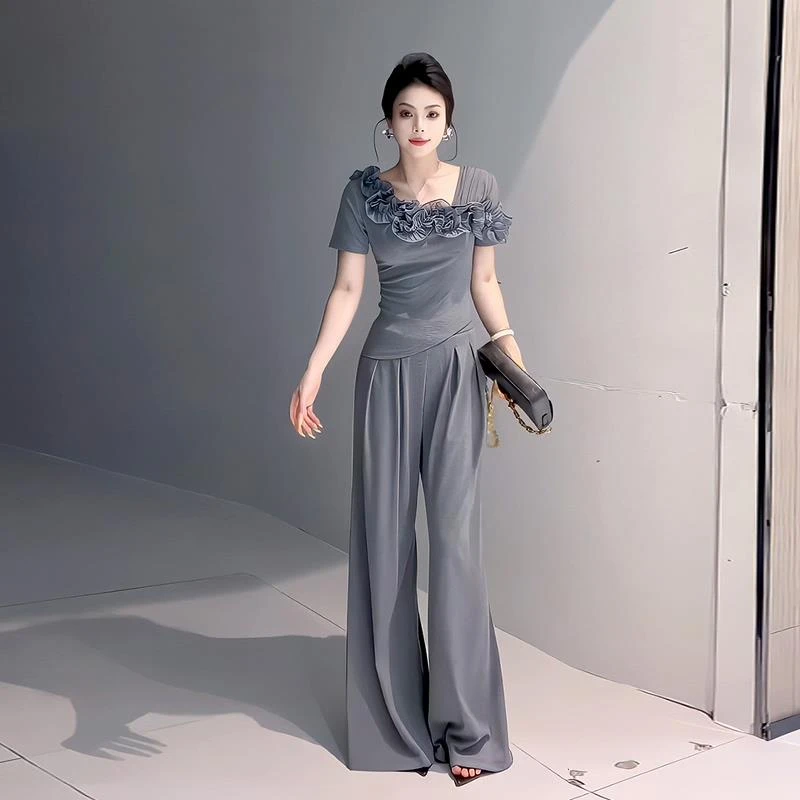 VONSRMAN40减龄穿搭一整套25新款修身显瘦运动休闲短袖阔腿裤两件