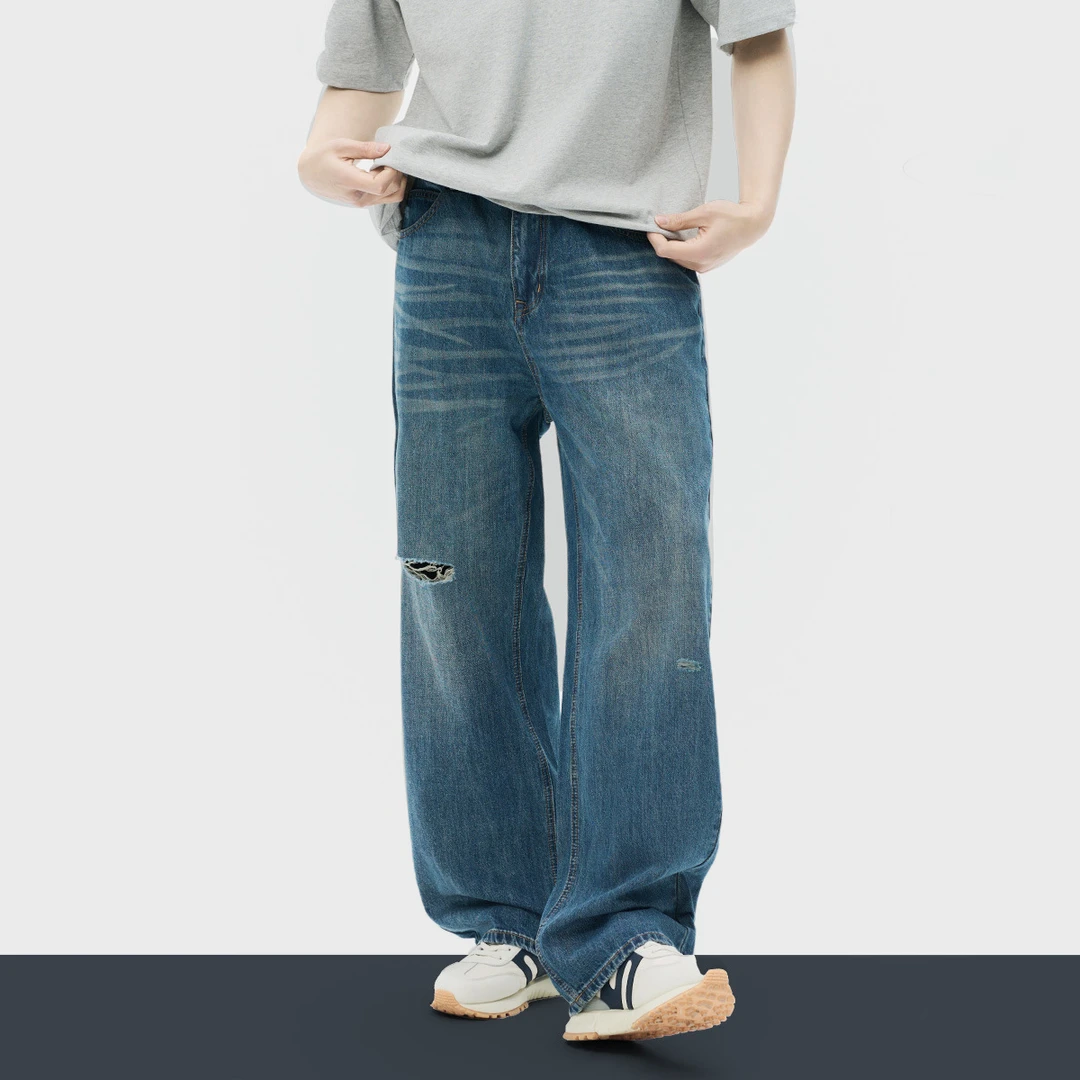 美式高街破洞水洗爆款牛仔裤男高级感潮牌痞帅宽松直筒长裤子
