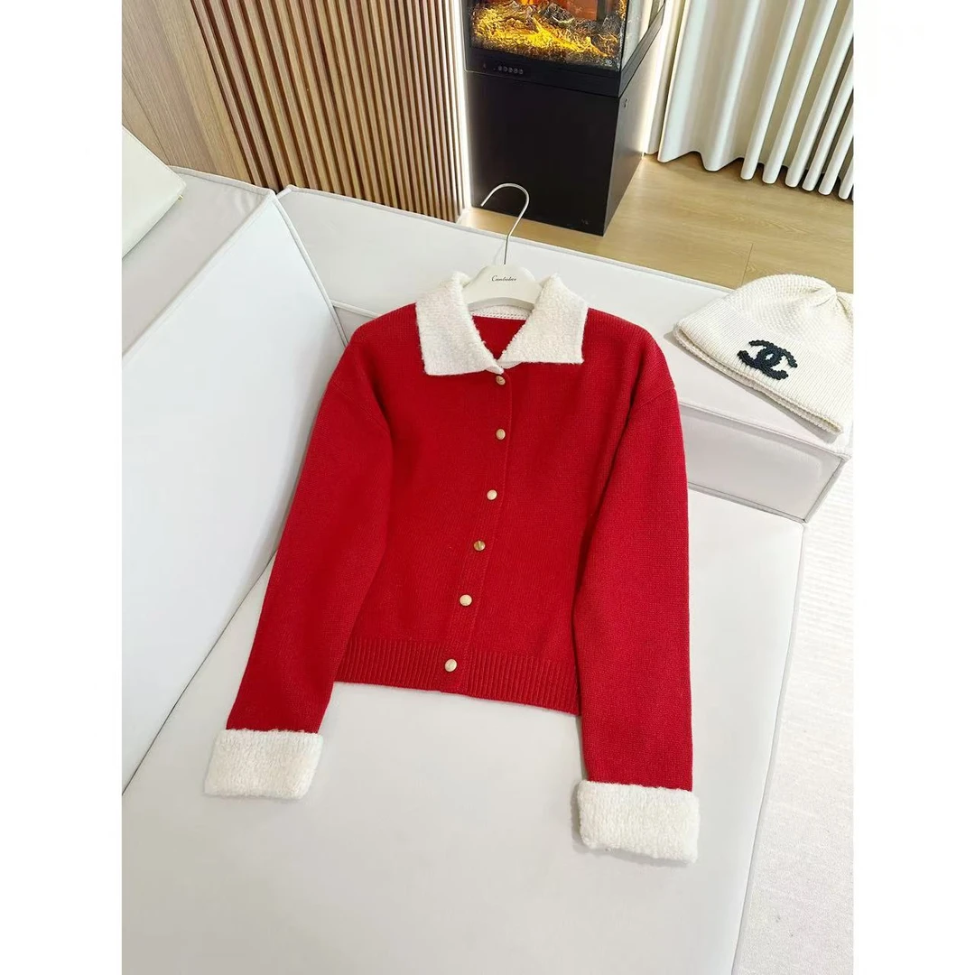 CANTIILAR 圈圈拼接羊毛翻领加厚开衫毛衣 FL1033