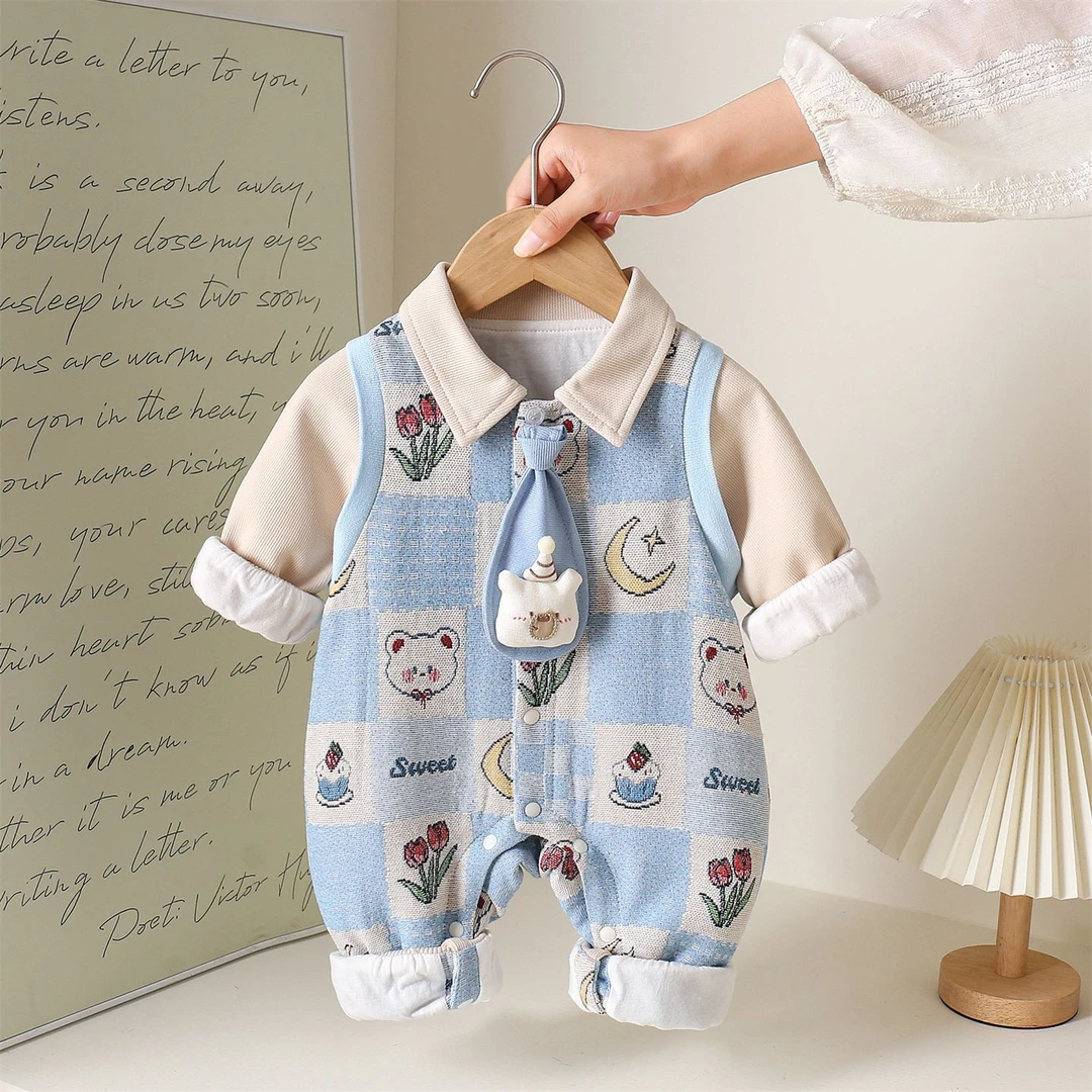 春秋装婴儿男宝宝连体衣服可爱超萌婴幼儿双层学院风哈衣外出爬服