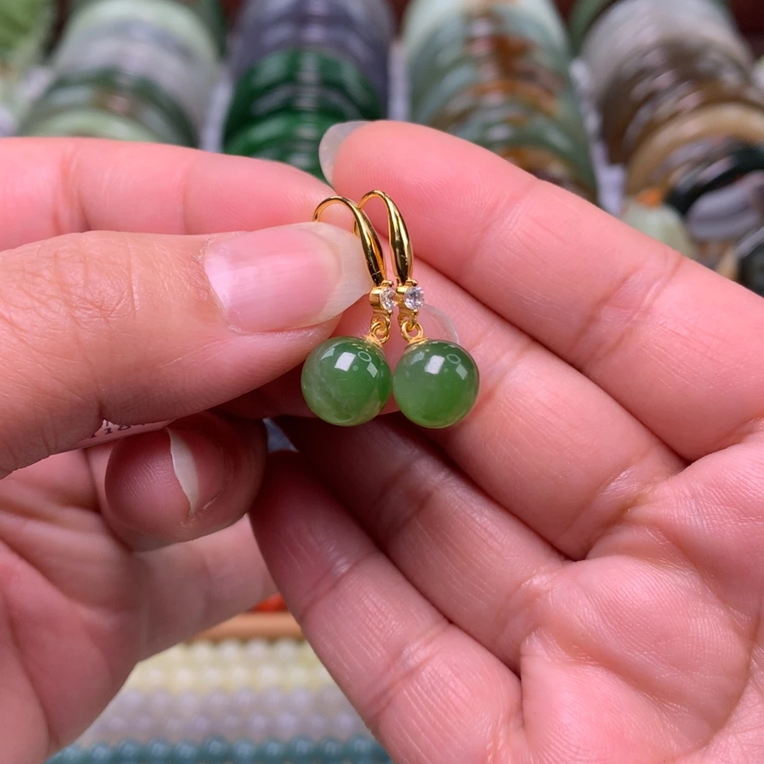 和田玉（碧玉）银S925镶嵌耳饰