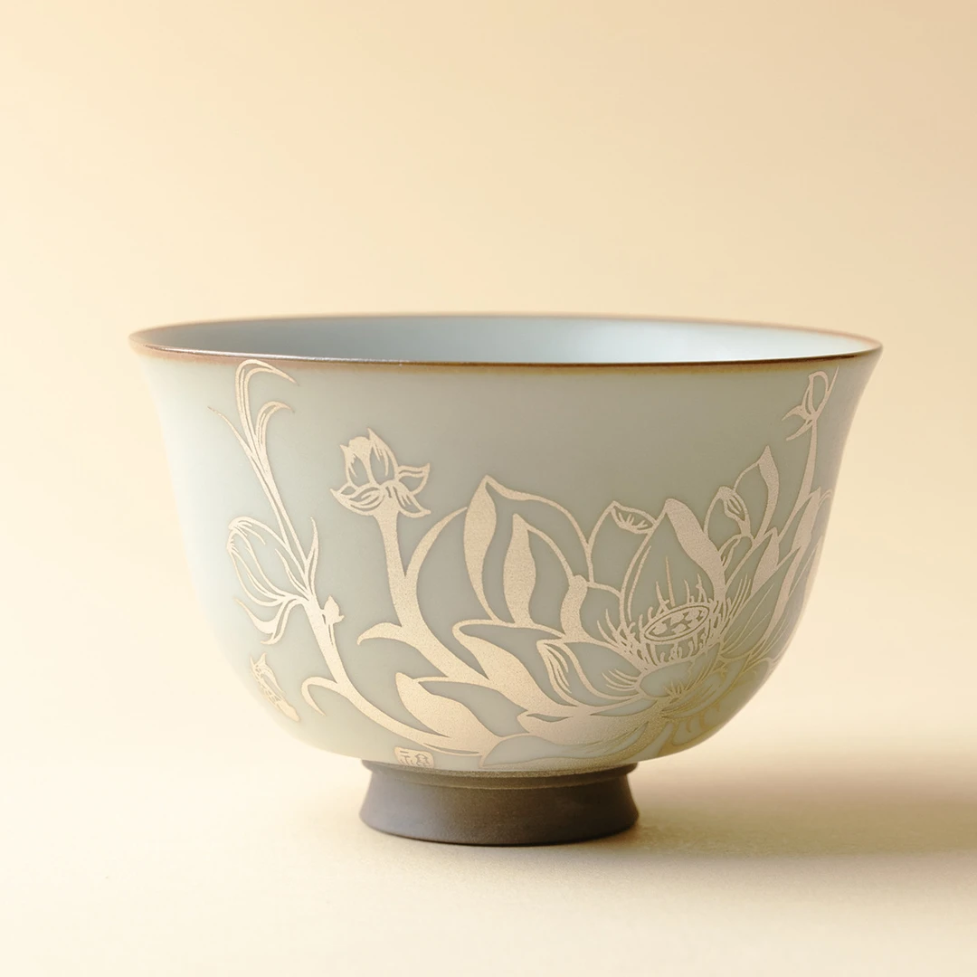 栖瓷语汝窑青花缠枝莲主人杯开片功夫茶具茶杯个人品茗杯普洱茶杯