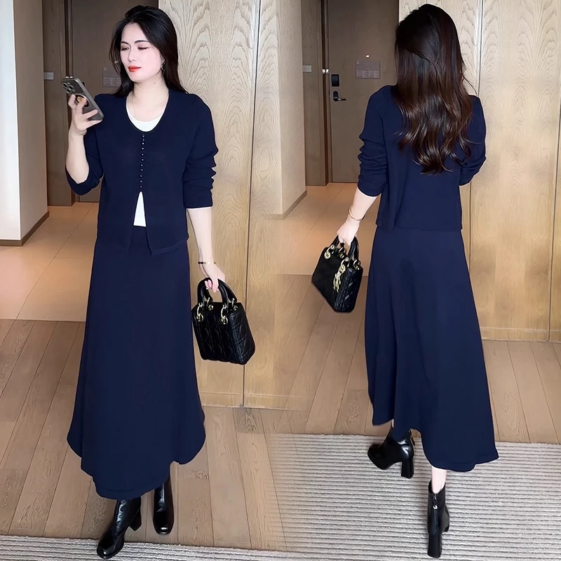 时尚套装裙女2025秋季新款洋气显瘦假两件针织衫半身裙气质两件套