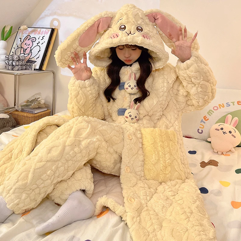 珊瑚绒睡袍女秋冬款冬季新款加厚加绒三层夹棉套装家居服