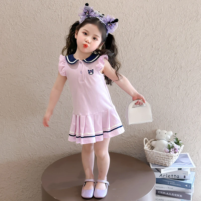 库洛米女童夏季飞袖连衣裙2025新款儿童娃娃领公主裙宝宝洋气裙子