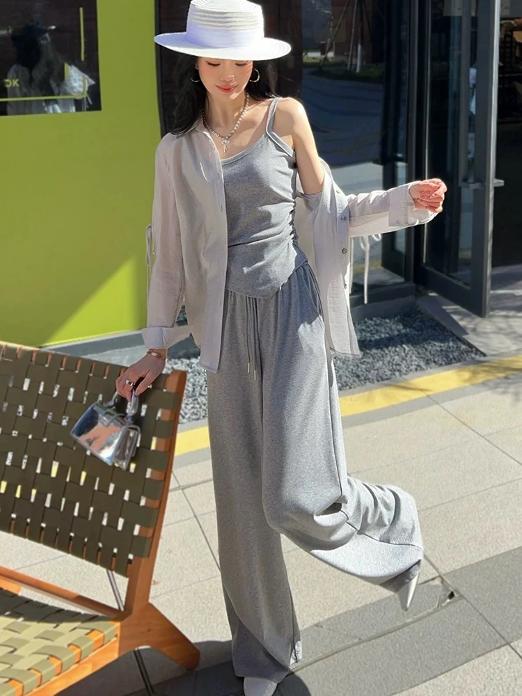 美美推荐005衬衫吊带阔腿裤套装女慵懒风休闲裤防晒三件套