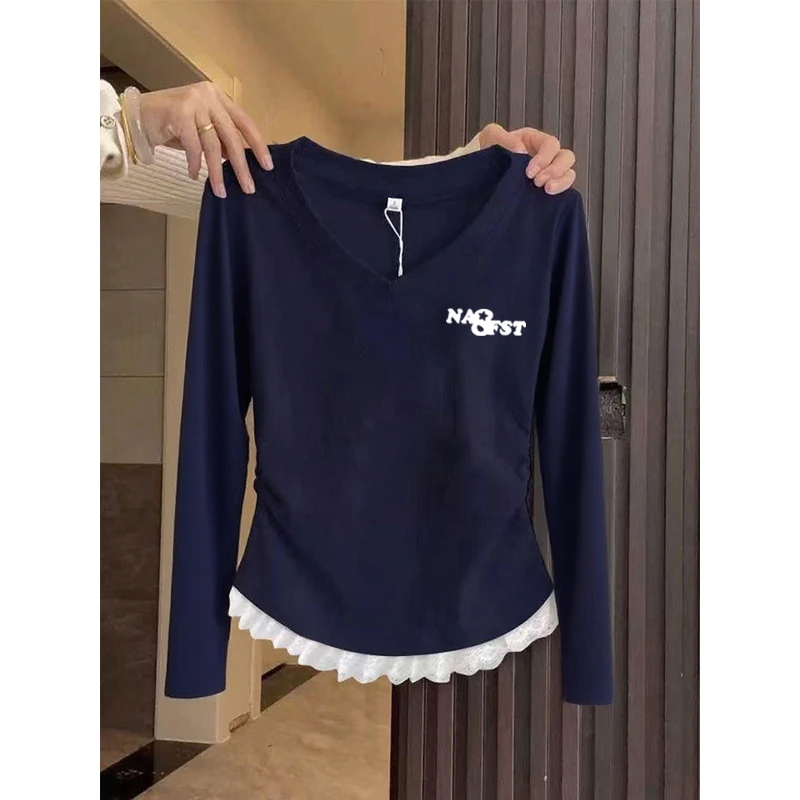 清仓捡漏~早秋修身显瘦V领长袖打底衫女花边拼接收腰百搭T恤上衣