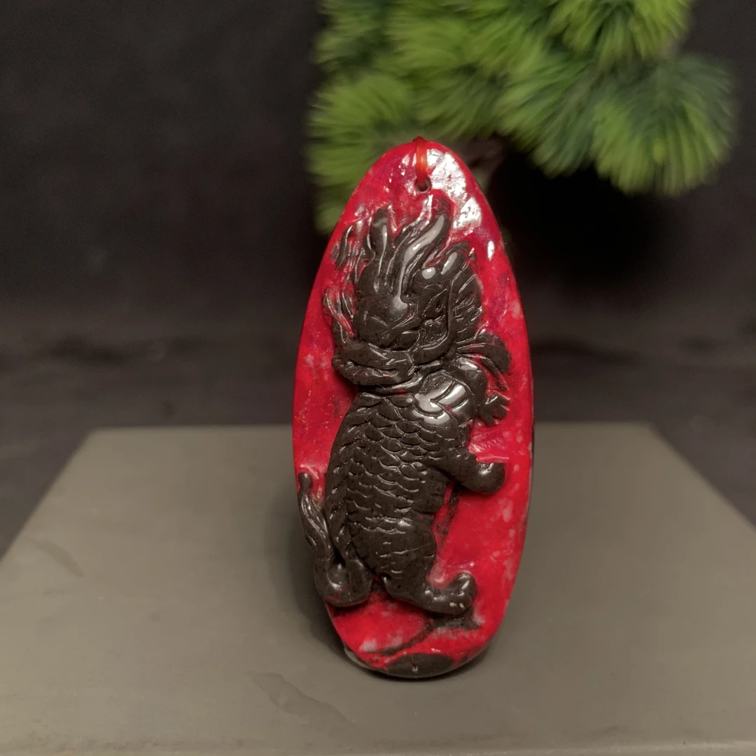 天然辰砂原矿雕刻麒麟男女款挂件18.8克