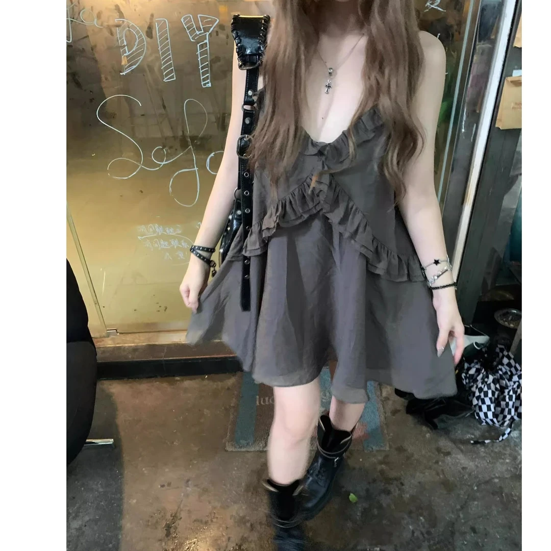 韩国东大门韩系清冷感双层木耳花边雪纺吊带夏季短款连衣裙女