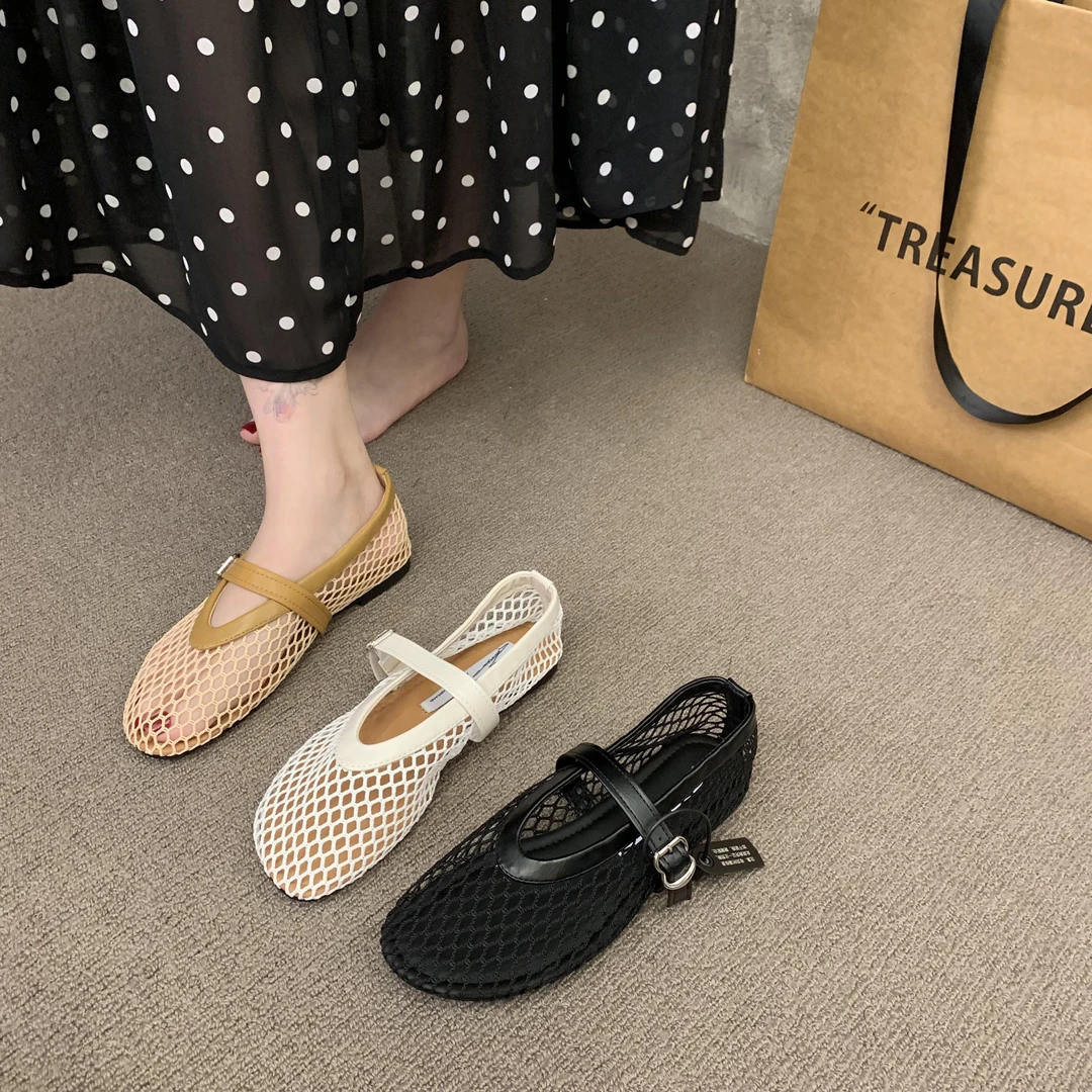 时髦精渔网夏季镂空真皮网眼一字扣带玛丽珍奶奶芭蕾舞单鞋
