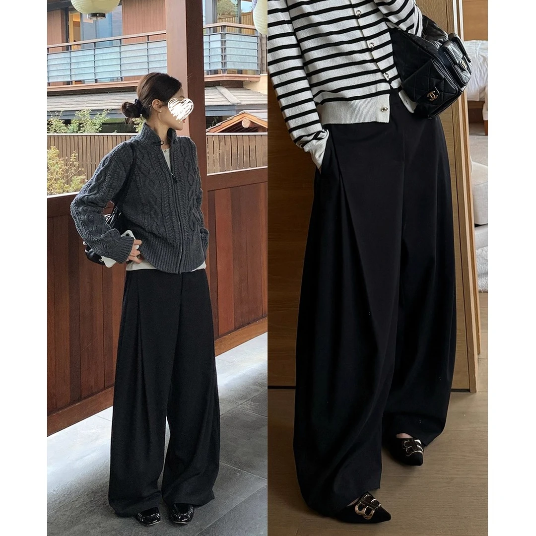 Manman #1575自制左边褶皱长裤设计款直筒裤秋冬休闲西裤子