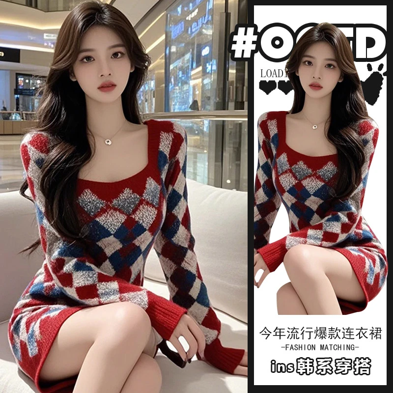 2025春秋港味气质修身显瘦连衣裙女高级感别致菱格氛围感毛衣裙潮