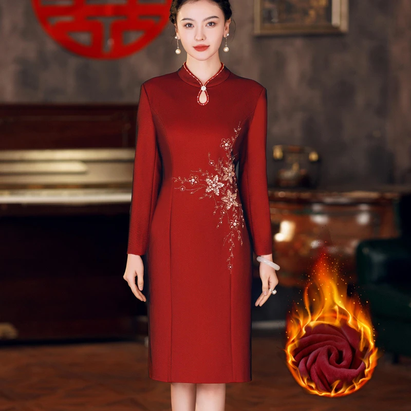 喜妈妈婚宴礼服冬季加绒加厚旗袍大码显瘦结婚礼宴喜婆婆2025新款