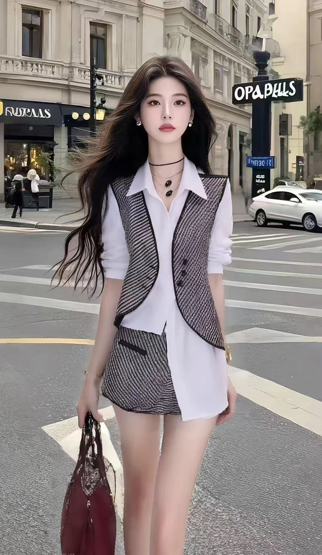 别致设计感白色衬衫领不规则短袖上衣+百搭半身裙女时尚两件套