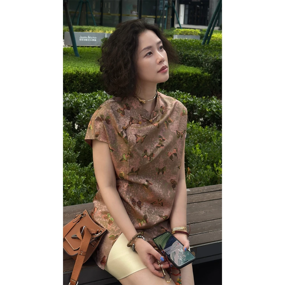 Y【叭哒不惑】破茧成蝶 蜀锦 桑蚕丝蝴蝶纹古斜襟上衣气质中式短袖