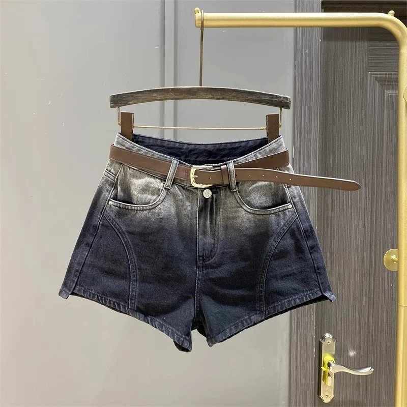 渐变色牛仔短裤女2025年夏季新款设计感阔腿高腰显瘦辣妹a字热裤