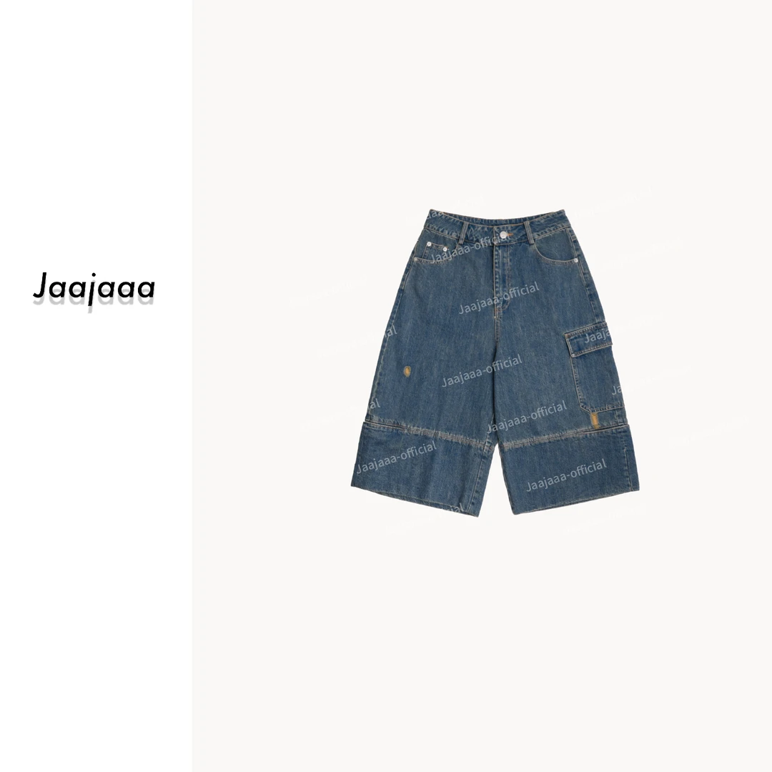 Jaajaaa布拉格绮想   设计感百搭休闲甜酷复古水洗宽松中裤/BHFH