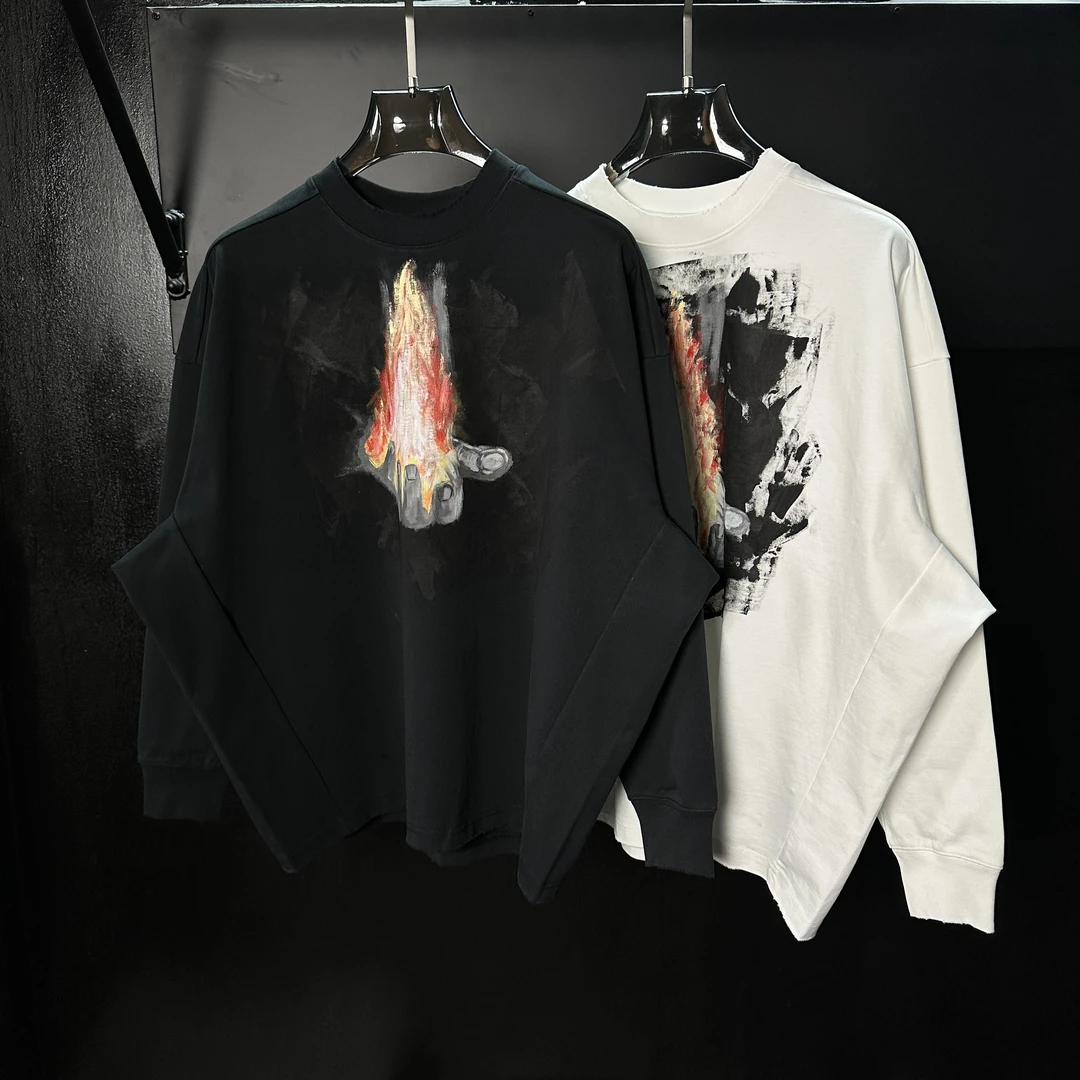 【冷目潮物质】手绘定制掌中炎重磅宽松蝙蝠袖T恤圆领400g长袖男