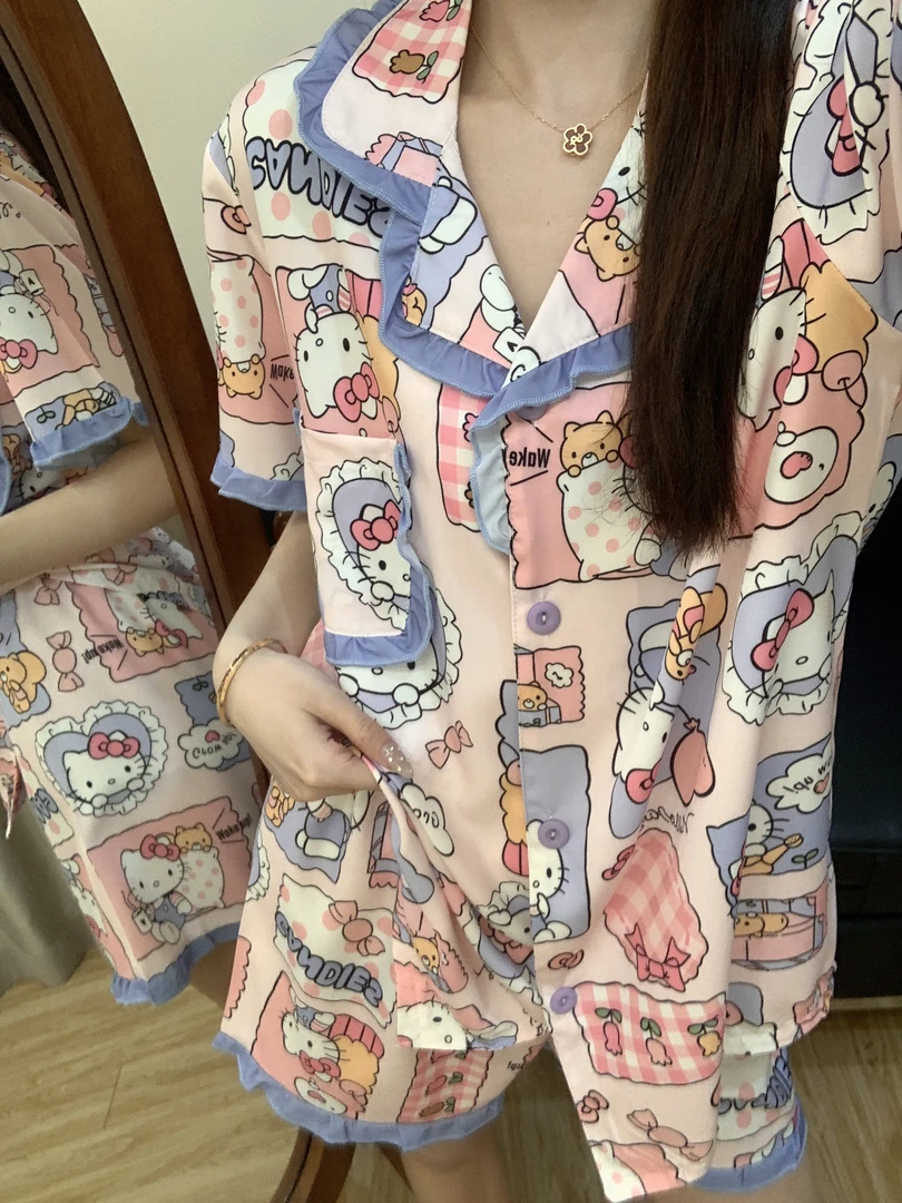 【蛋糕Kitty】新款时尚舒适软冰丝可外穿短袖短裤冰丝家居服套装